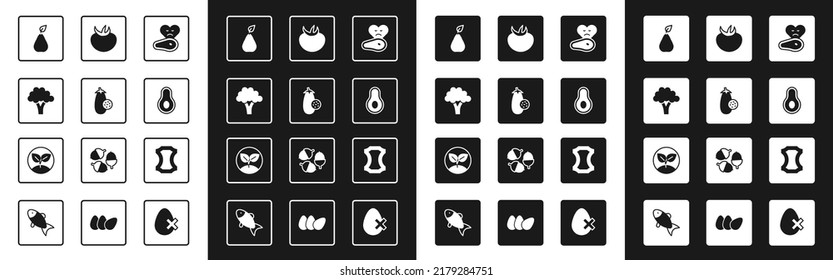 Set Steak Meat, Eggplant, Broccoli, Pear, Avocado Fruit, Tomato, Leather And Sprout Icon. Vector