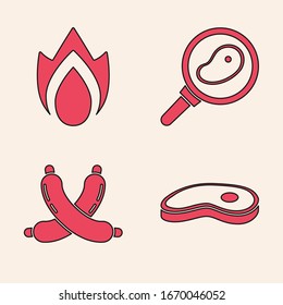 Ponga carne de filete, llama al fuego, carne de filete en sartén y un icono de salchicha cruzada. Vector