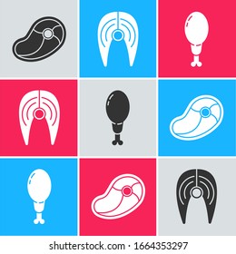 Set Steak meat, Fish steak and Chicken leg icon. Vector