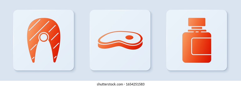 Set Steak meat, Fish steak and Sauce bottle. White square button. Vector