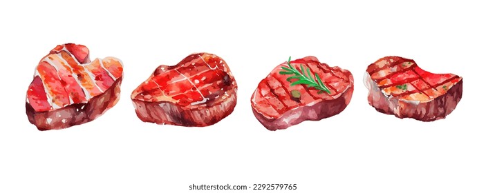 Acuarela de carne de filete aislada en fondo blanco. Pintura de la mano de ternera deliciosa en el menú de la cena del restaurante ilustración vectorial