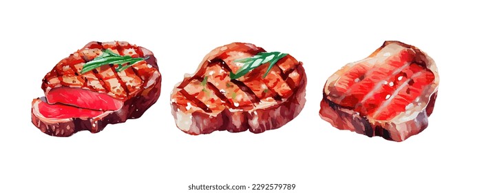 Acuarela de carne de filete aislada en fondo blanco. Pintura de la mano de ternera deliciosa en el menú de la cena del restaurante ilustración vectorial