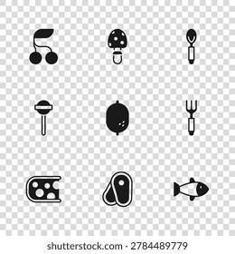 Set Steak meat, Fork, Fish, Lemon, Spoon, Fresh berries, Fly agaric mushroom and Lollipop icon. Vector