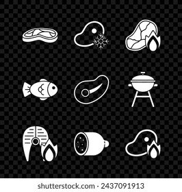 Set Steak meat, Fresh frozen steak, Grilled and fire flame, fish, Salami sausage, Fish and  icon. Vector