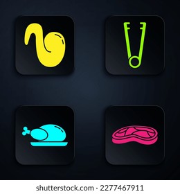Set Steak meat, Fried chicken wing, Roasted turkey or chicken and Meat tongs. Black square button. Vector