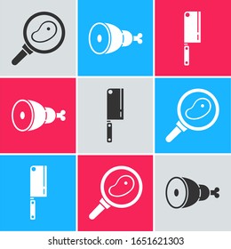 Set Steak meat in frying pan, Chicken leg and Meat chopper icon. Vector