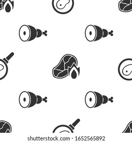 Set Steak meat in frying pan, Grilled steak meat and fire flame and Chicken leg on seamless pattern. Vector