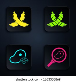 Set Steak meat in frying pan, Crossed sausage, Fresh frozen steak meat and Crossed sausage. Black square button. Vector