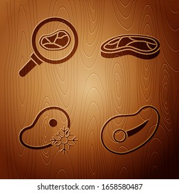 Set Steak meat, Steak meat in frying pan, Fresh frozen steak meat and Steak meat on wooden background. Vector
