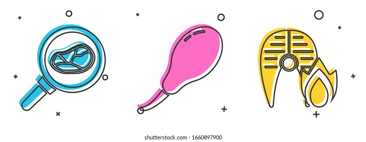 Set Steak meat in frying pan, Chicken leg and Grilled fish steak and fire flame icon. Vector