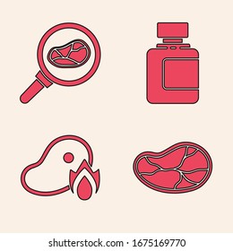 Set Steak meat, Steak meat in frying pan, Sauce bottle and Grilled steak meat and fire flame icon. Vector