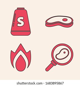 Steakfleisch in Bratpfanne, Salz, Steakfleisch und Feuerbrand-Symbol setzen. Vektorillustration
