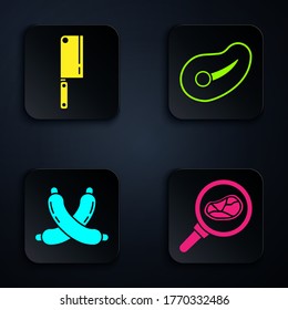 Set Steak meat in frying pan, Meat chopper, Crossed sausage and Steak meat. Black square button. Vector