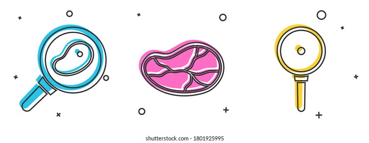 Ponga carne de filete en sartén frita, carne de filete e icono de sartén frito. Vector