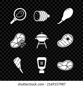 Set Steak meat in frying pan, Salami sausage, Chicken leg, Rib eye steak, Sauce bottle, Fresh frozen and Barbecue grill icon. Vector