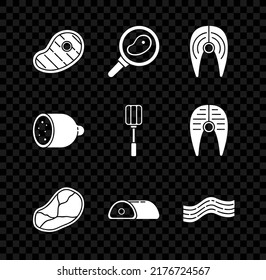 Ponga carne de filete, en sartén frita, filete de pescado, carne, raya de tocino, salami salchicha e icono de la espátula. Vector