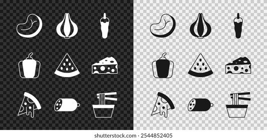 Set Steak meat, Garlic, Hot chili pepper, Slice of pizza, Salami sausage, Asian noodles in bowl, Bell and Watermelon icon. Vector