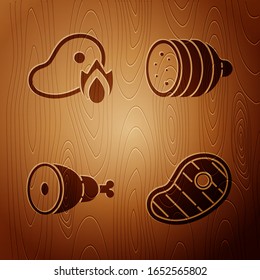 Set Steak meat, Grilled steak meat and fire flame, Chicken leg and Salami sausage on wooden background. Vector