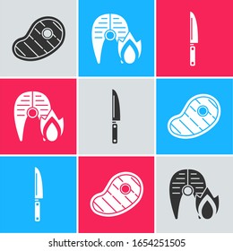 Set Steak meat, Grilled fish steak and fire flame and Knife icon. Vector