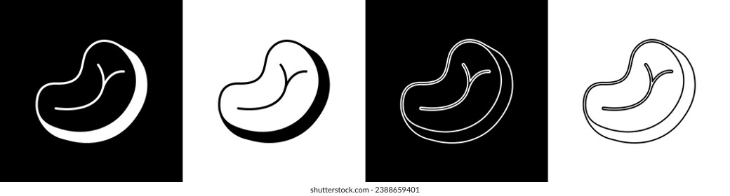 Ajuste el icono de carne de filete aislado en fondo blanco y negro.  Vector