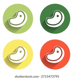 Conjunto icono de carne de bistec aislado con fondo de sombra larga. Botón de círculo de color. Vector