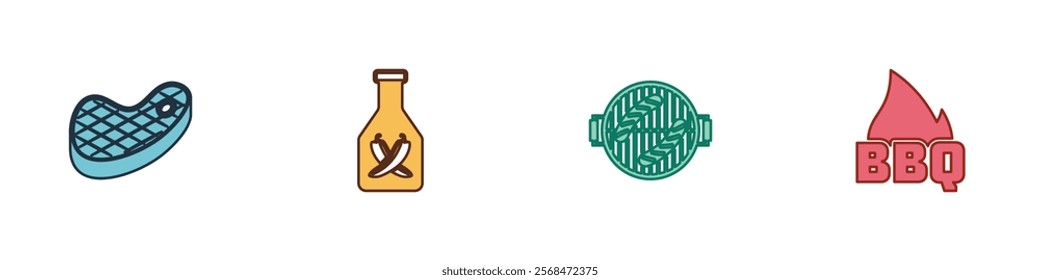 Set Steak meat, Ketchup bottle, Barbecue grill with sausage and fire flame icon. Vector