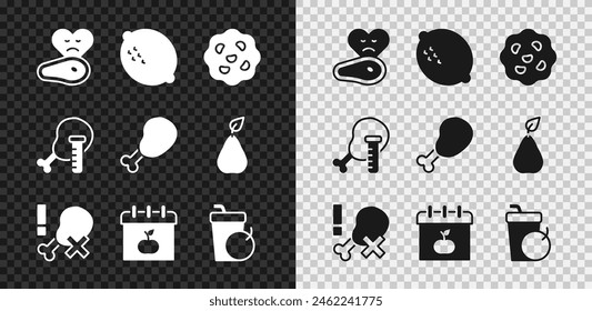 Set Steak meat, Lemon, Cookie or biscuit, No chicken leg, World Vegetarian day, Fresh smoothie, Genetically modified and Chicken icon. Vector