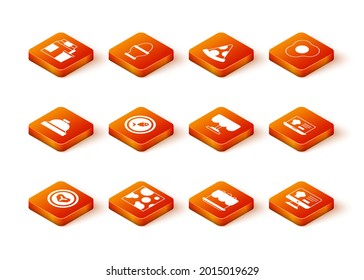 Set Steak meat on a plate, Cheese, Hotel service bell, Served fish, Cake, Wooden table, Online ordering and delivery and  icon. Vector