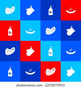 Set Steak meat, Oven glove, Ketchup bottle and Sausage icon. Vector