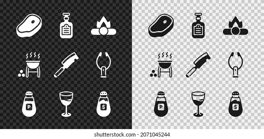 Set Steak meat, Sauce bottle, Campfire, Pepper, Wine glass, Salt, Barbecue grill and Meat chopper icon. Vector