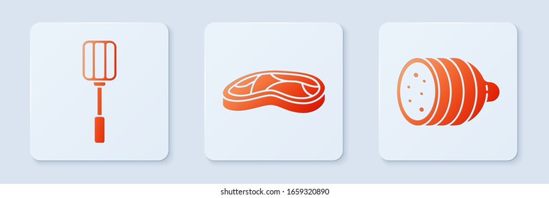 Ponga carne de filete, espátula y salami. Botón cuadrado blanco. Vector