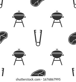 Set Steak meat, Meat tongs and Barbecue grill on seamless pattern. Vector