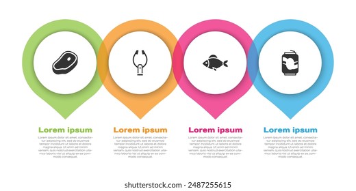 Set Steak meat, Meat tongs, Fish and Soda can. Business infographic template. Vector