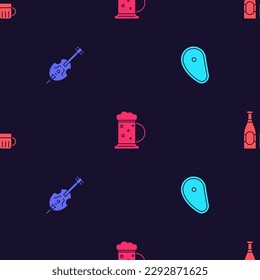 Set Steak meat, Violin, Wooden beer mug and Beer bottle and glass on seamless pattern. Vector