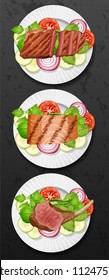 Un conjunto de ilustraciones de carne y ensalada