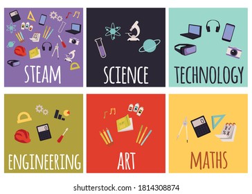 Set of steam education icons for learning and implementing education in real life. School subjects with equipment for studying, flat cartoon vector illustration