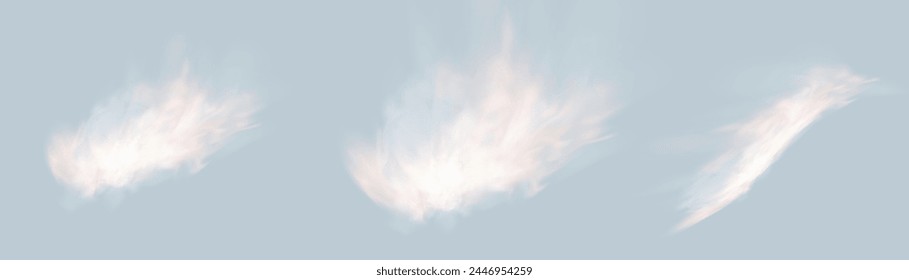 Set of steam effects, special smoke effect. Vector texture of steam, fog, clouds, smoke on a sky background.