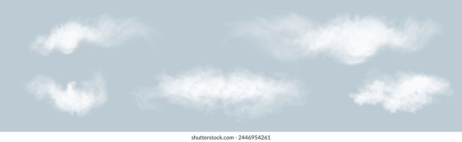 Set of steam effects, special smoke effect. Vector texture of steam, fog, clouds, smoke on a sky background.