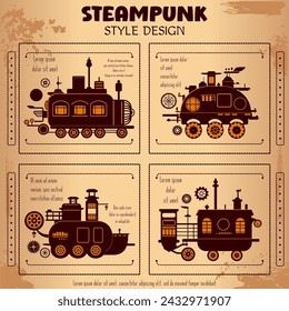 Set of steam engine machines. Collection of vector steampunk style steam powered carriage silhouettes. Retro mechanism and means of transportation in steampunk style on vintage textured background