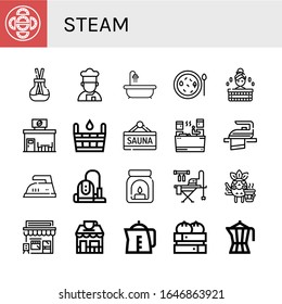 Set of steam icons. Such as Dumpling, Scent, Cooker, Hot tub, Soup, Sauna, Coffee shop, Iron, Vacuum cleaner, Aroma, Ironing board, Coffee, Cafe, Kettle, Coffee maker , steam icons