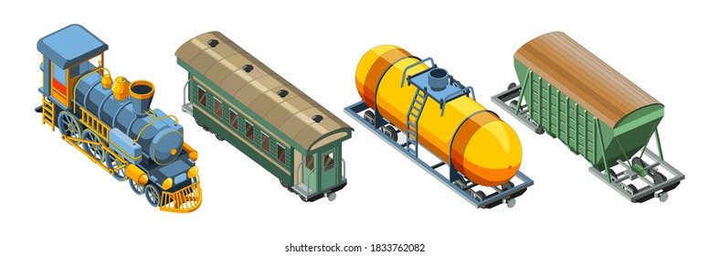 Set with steam locomotive, passenger Railway carriage, freight car, wagon canister. Vintage retro train graphic vector. Isolated on white background