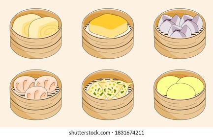 set of steamed bun dim sum yum cha in bamboo baskets, vector illustration