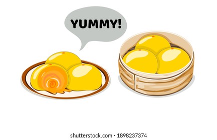 Set of steamed bun, Dim Sum custard on plate and bamboo steamer with white background. Isolated close up vector illustration.