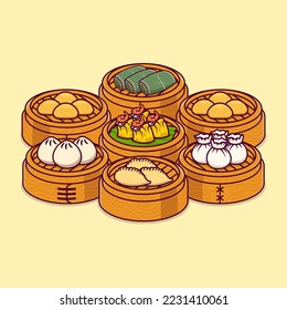 set of steamed dimsum in a bamboo steamer basket isolated cartoon vector