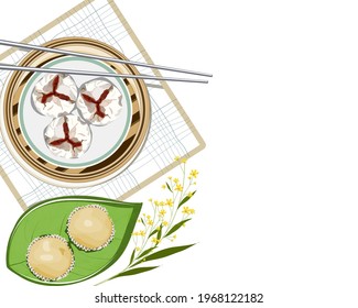 Set of steamed dumpling bun dimsum in bamboo basket and sponge cake with yellow flower decoration on white background. Close up hand drawing vector illustration.