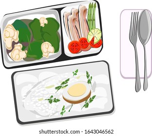 A set of steamed rice, boiled eggs, stir-fried vegetables and fried pork belly and fork, healthy food vector illustration