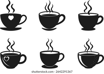 Set of Steaming Coffee Cup Silhouettes – Vector Illustration for Café and Beverage Designs