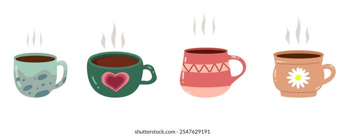 Conjunto de tazas humeantes. Taza de té, café, bebida caliente. Otoño acogedor ambiente. Vector aislado sobre fondo blanco