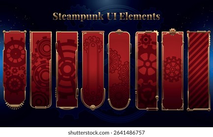 Set of Steampunk Fantasy Banner Backgrounds for user interface, poster, video. Fantasy mechanic HUD. Template for rpg game interface. Vector Illustration EPS10