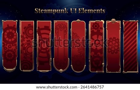 Set of Steampunk Fantasy Banner Backgrounds for user interface, poster, video. Fantasy mechanic HUD. Template for rpg game interface. Vector Illustration EPS10